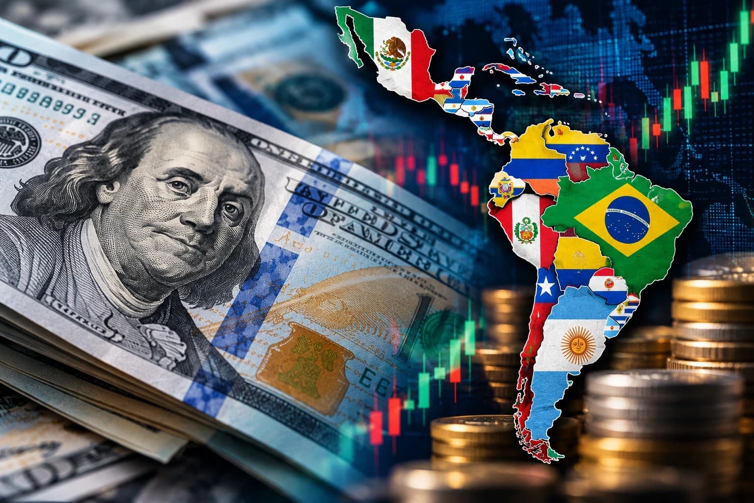 Ilustración: billetes de dólar junto a un mapa de América Latina con las banderas de cada país