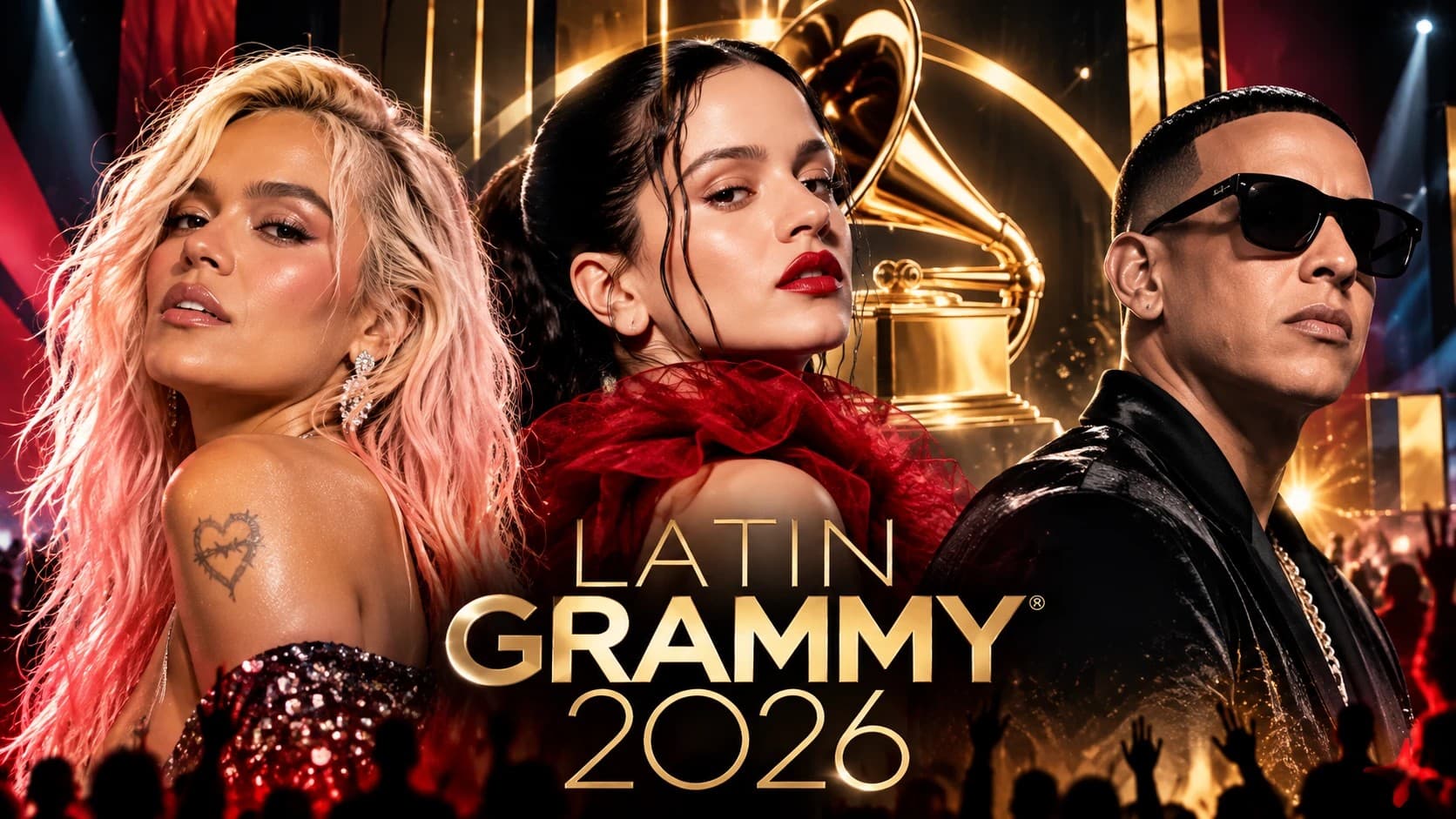 Ilustración de los Latin Grammy 2026 con Karol G, Rosalía y Daddy Yankee